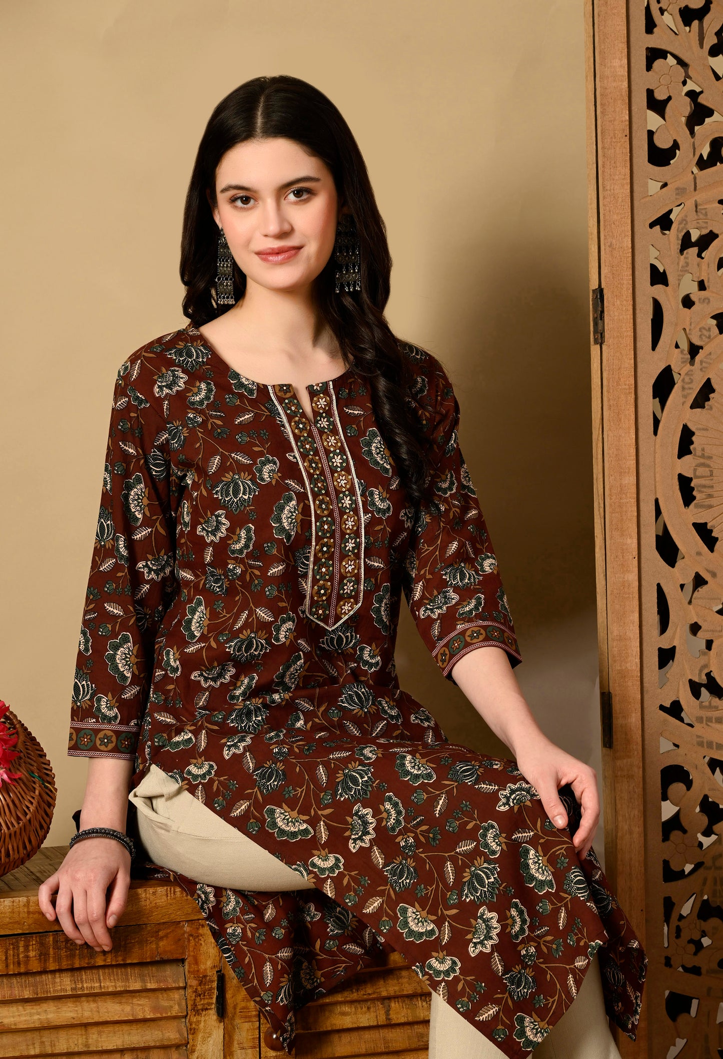 Floral Printed Zari Cotton Kurta