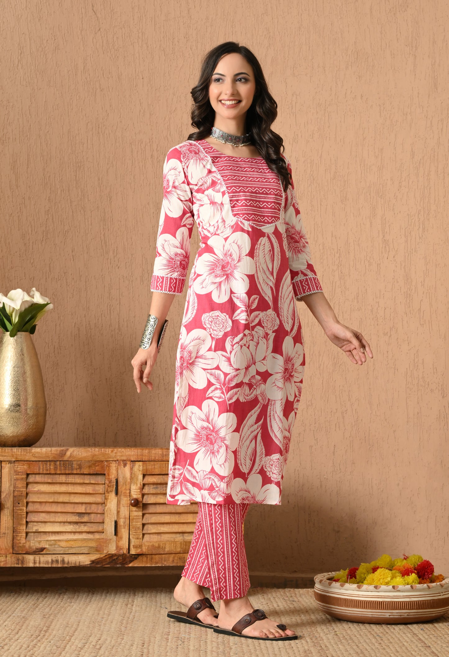 Floral Printed Round Neck Pure Cotton Straight Kurta Set With Dupatta