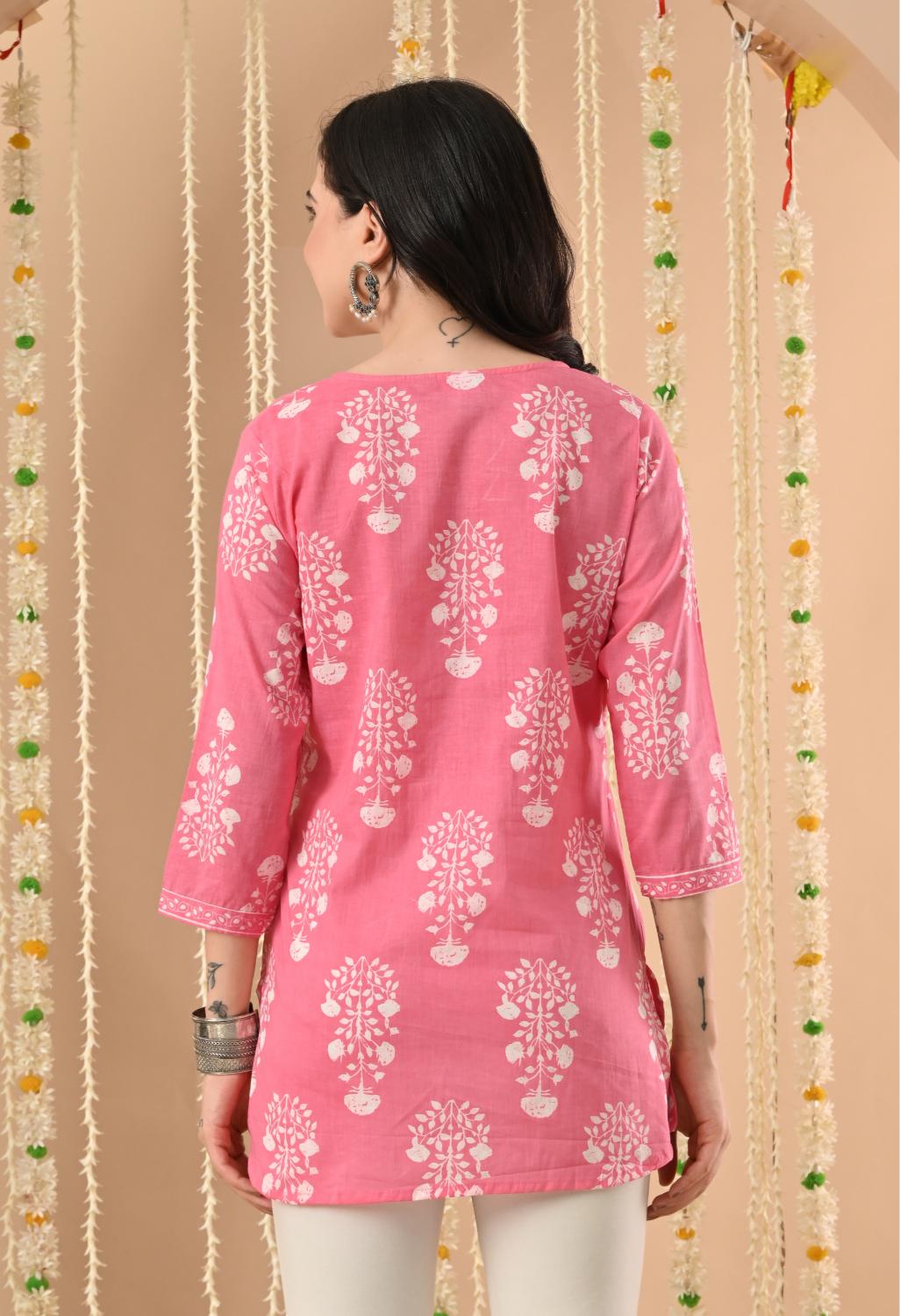 Pink Floral Cotton Casual Wear Kurti