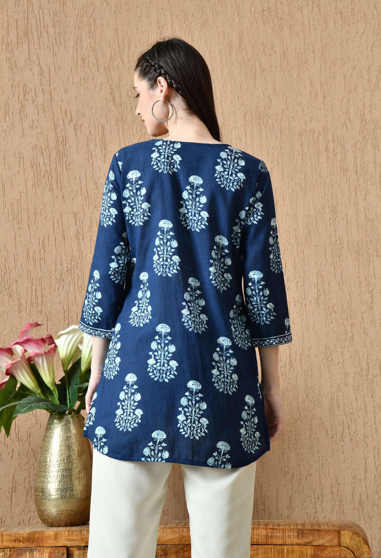 Blue Floral Cotton Casual Wear Kurti