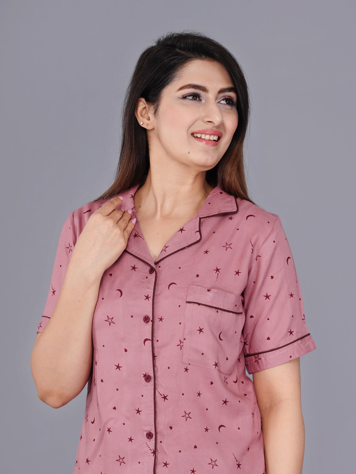 Conversational Printed Pink Rayon Night Suit