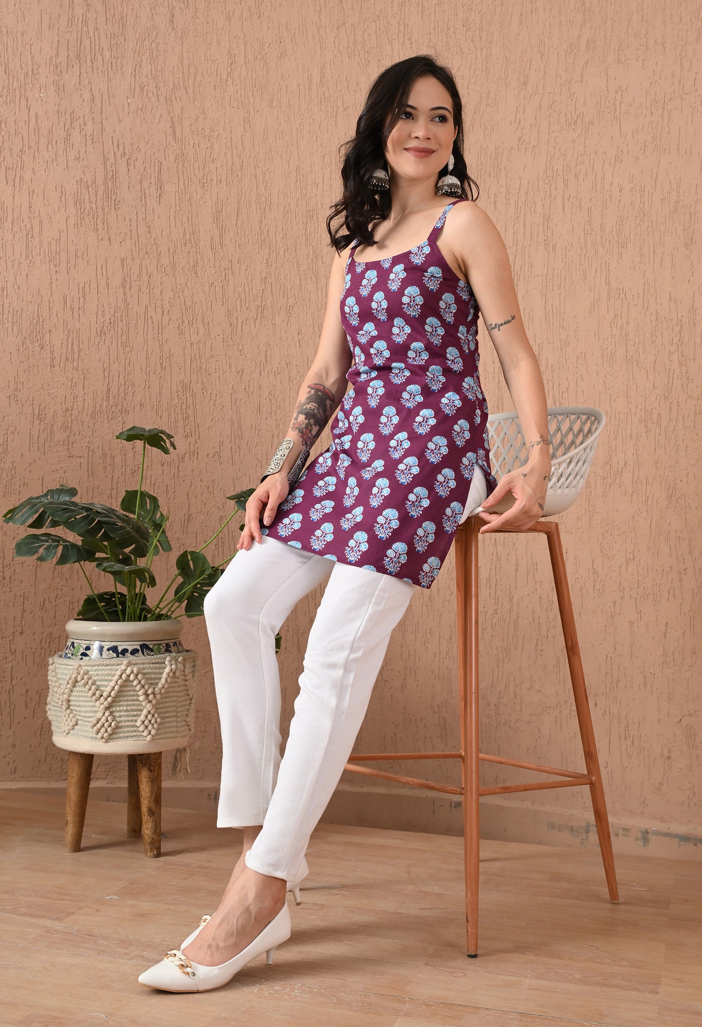 Floral Printed Square Neck Pure Cotton Kurti
