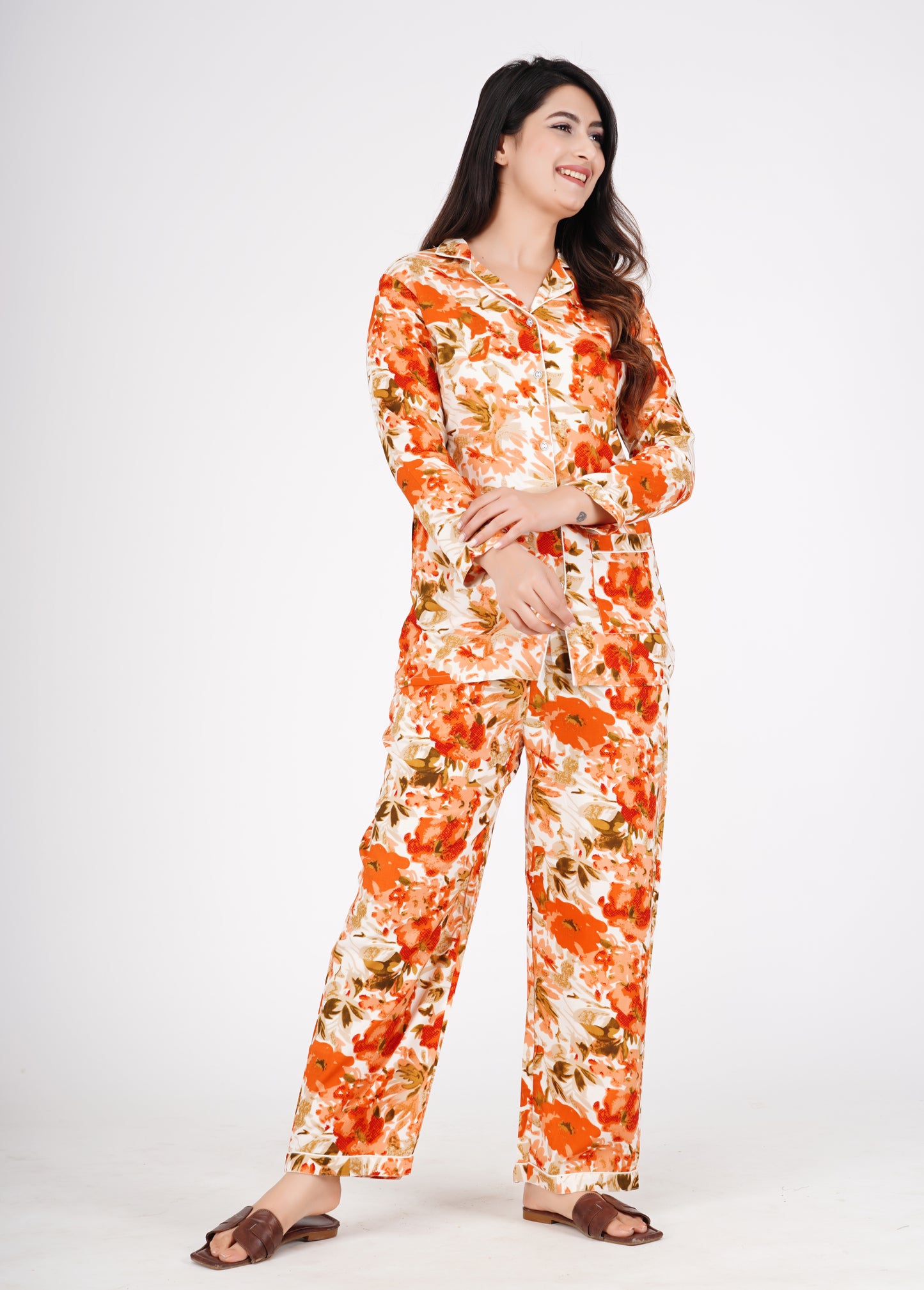 Floral Printed Lapeled Collar Shirt With Pyjama