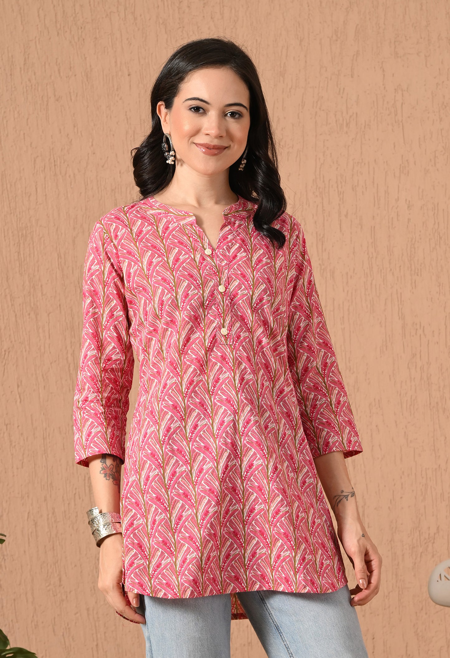 Floral Printed Mandarin Collar Pure Cotton Kurti