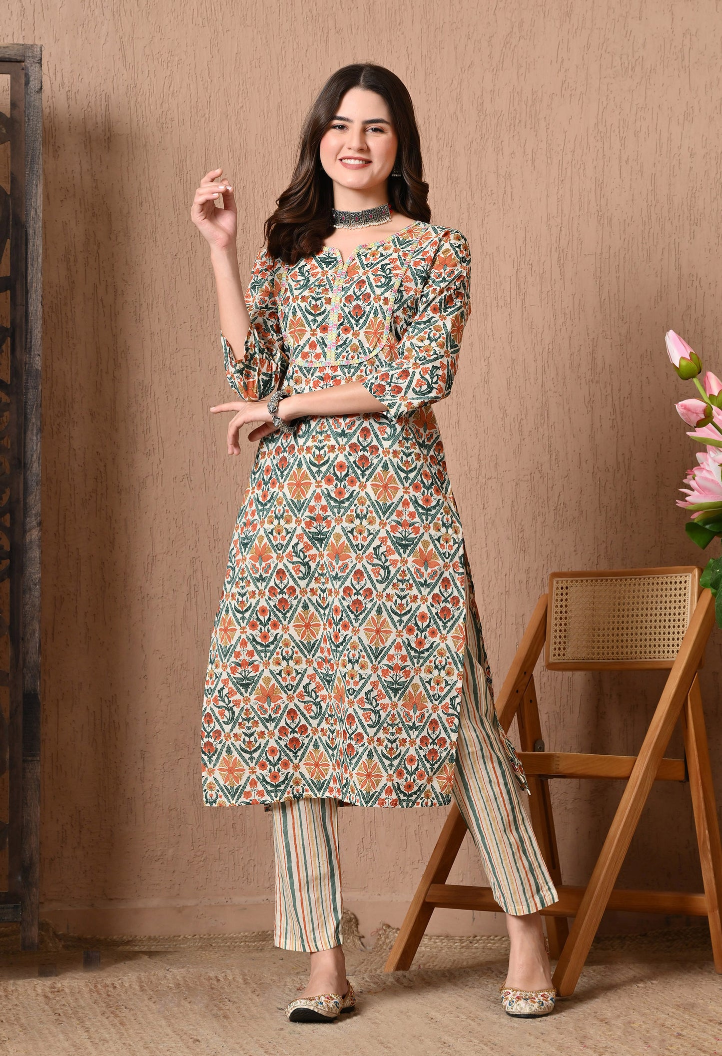 Floral Printed Pure Cotton Straight Kurta Set With Dupatta