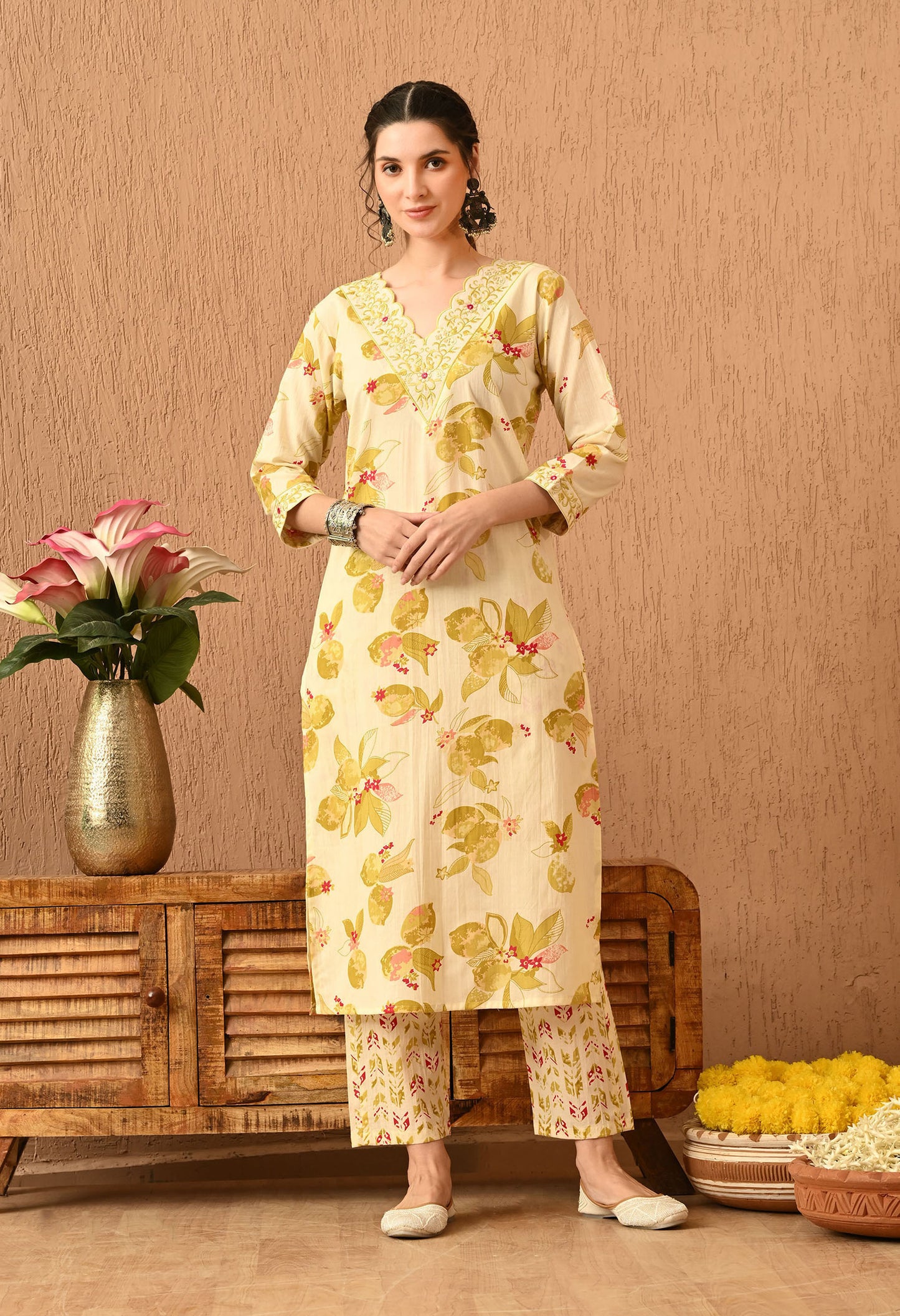 Floral Printed Regular Thread Work Pure Cotton Kurta Set With Dupatta