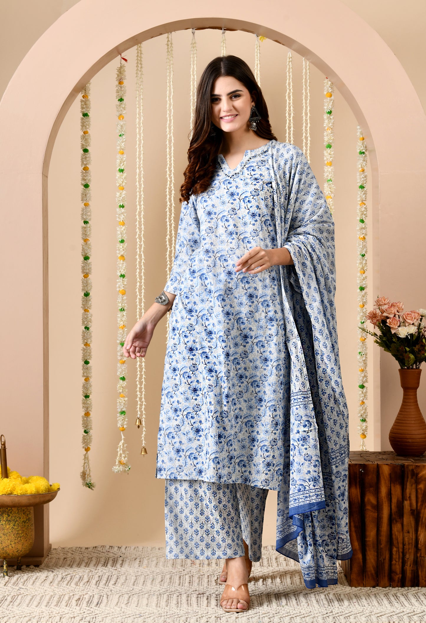 Floral Print Straight Kurta Set With Dupatta