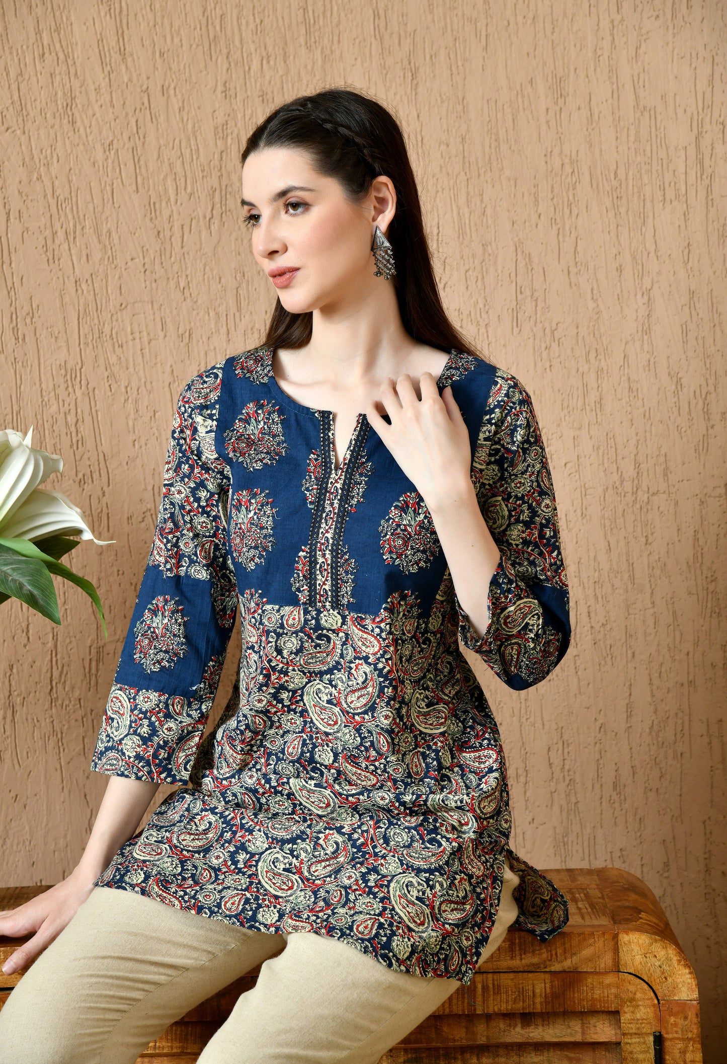 Ethnic Printed V-Neck Pure Cotton Straight Kurti