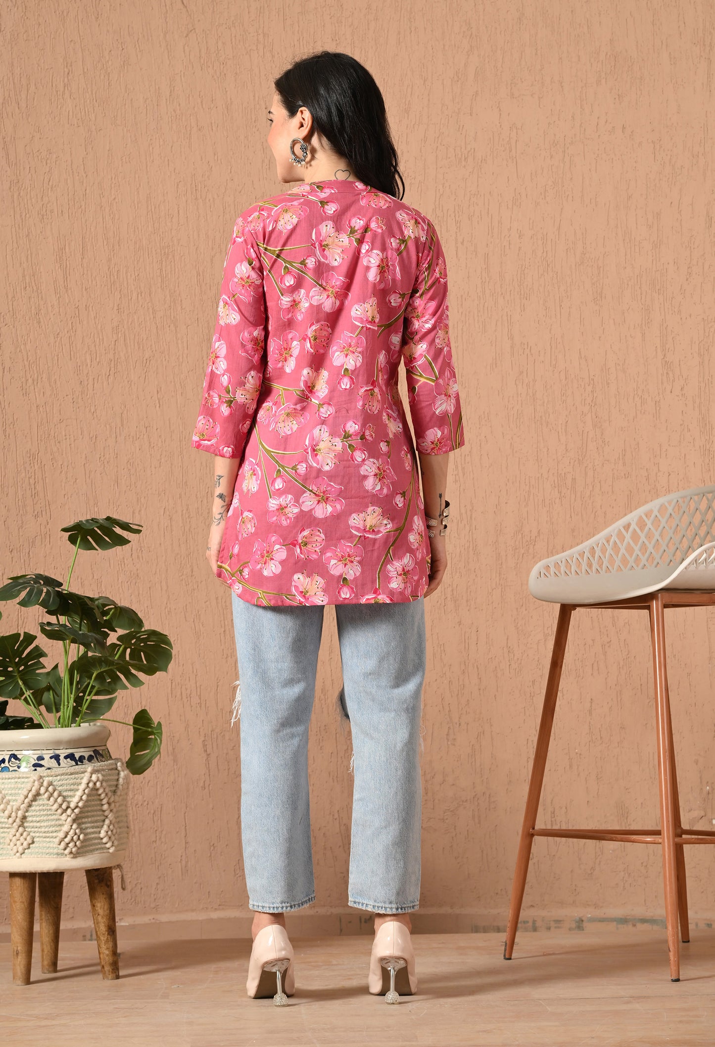 Floral Printed Mandarin Collar Pure Cotton Kurti