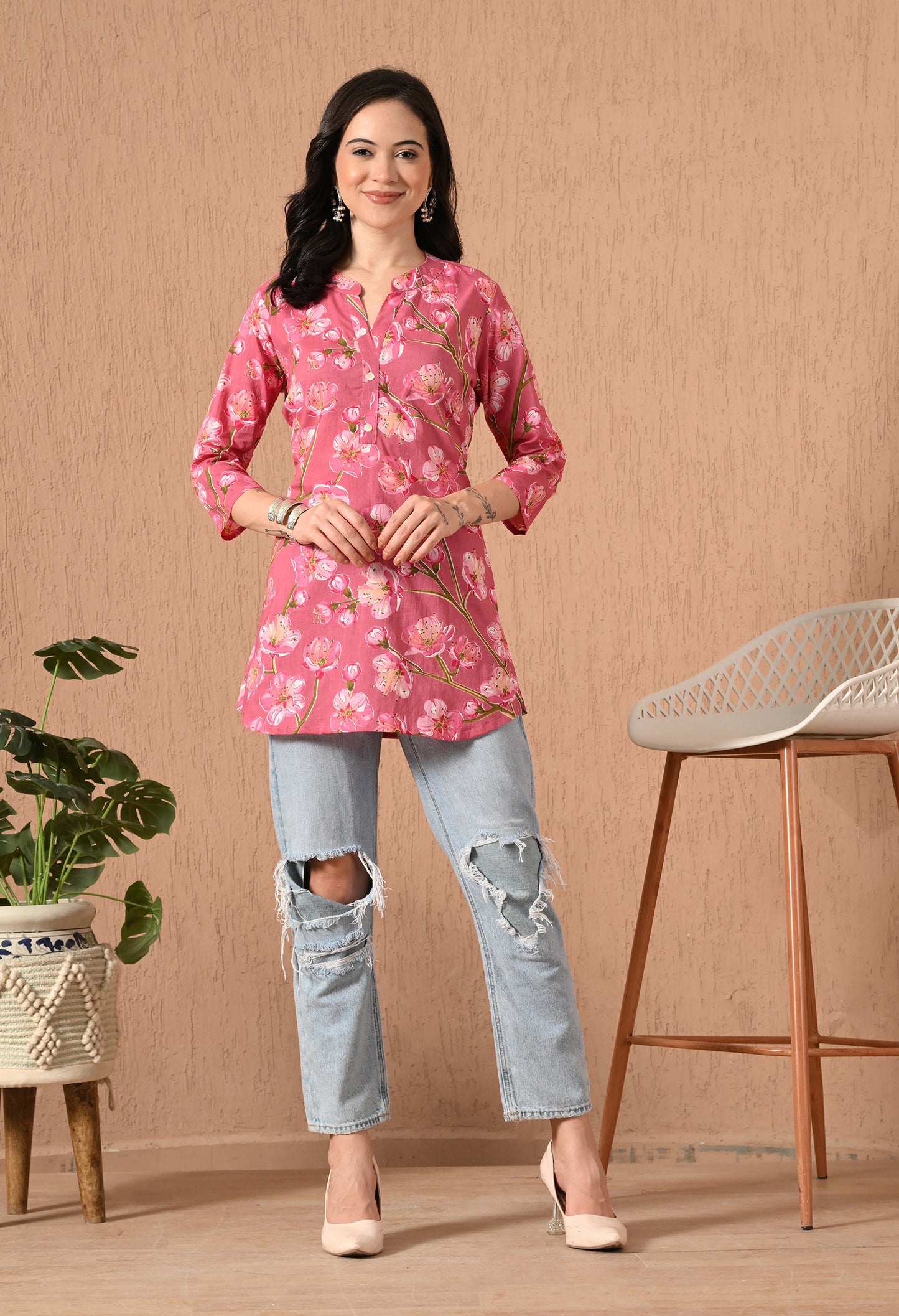 Floral Printed Mandarin Collar Pure Cotton Kurti
