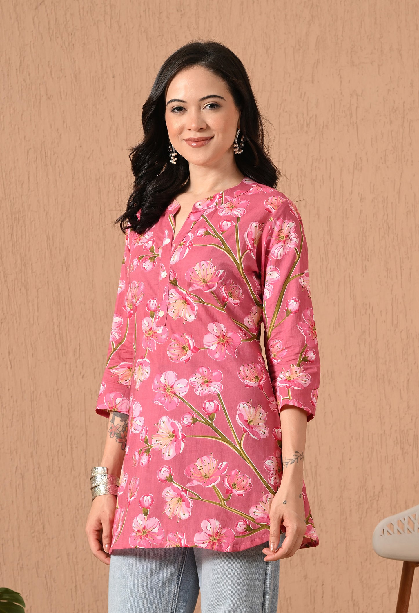 Floral Printed Mandarin Collar Pure Cotton Kurti