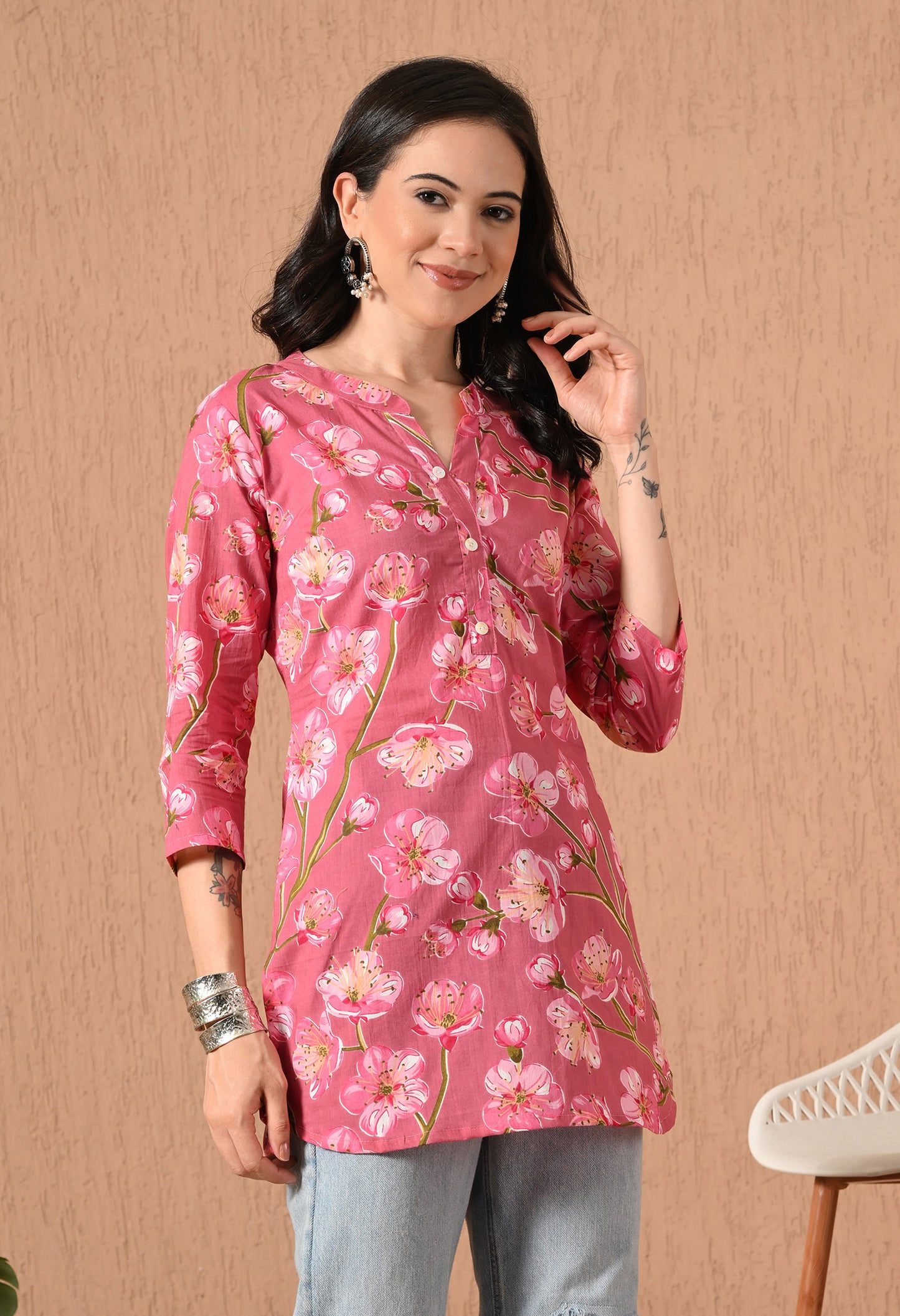 Floral Printed Mandarin Collar Pure Cotton Kurti