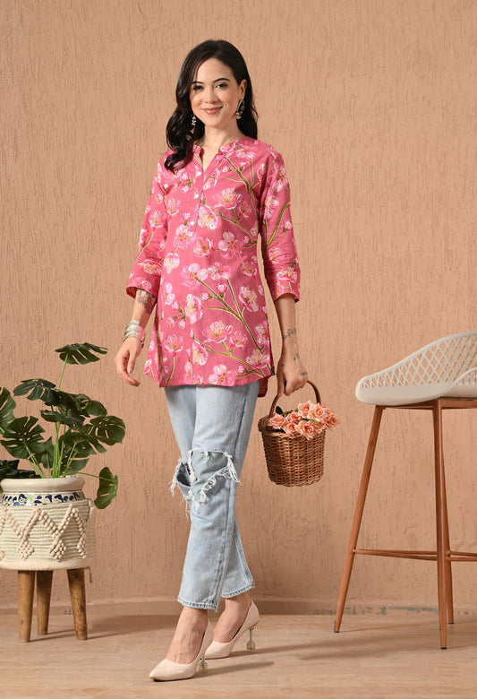 Floral Printed Mandarin Collar Pure Cotton Kurti