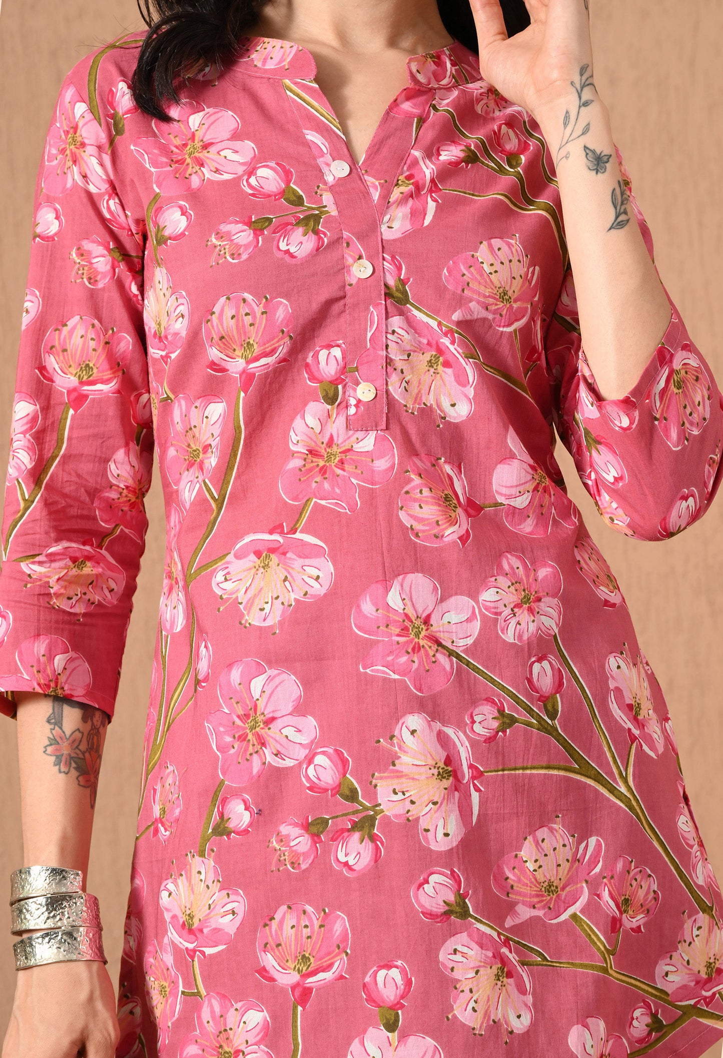 Floral Printed Mandarin Collar Pure Cotton Kurti
