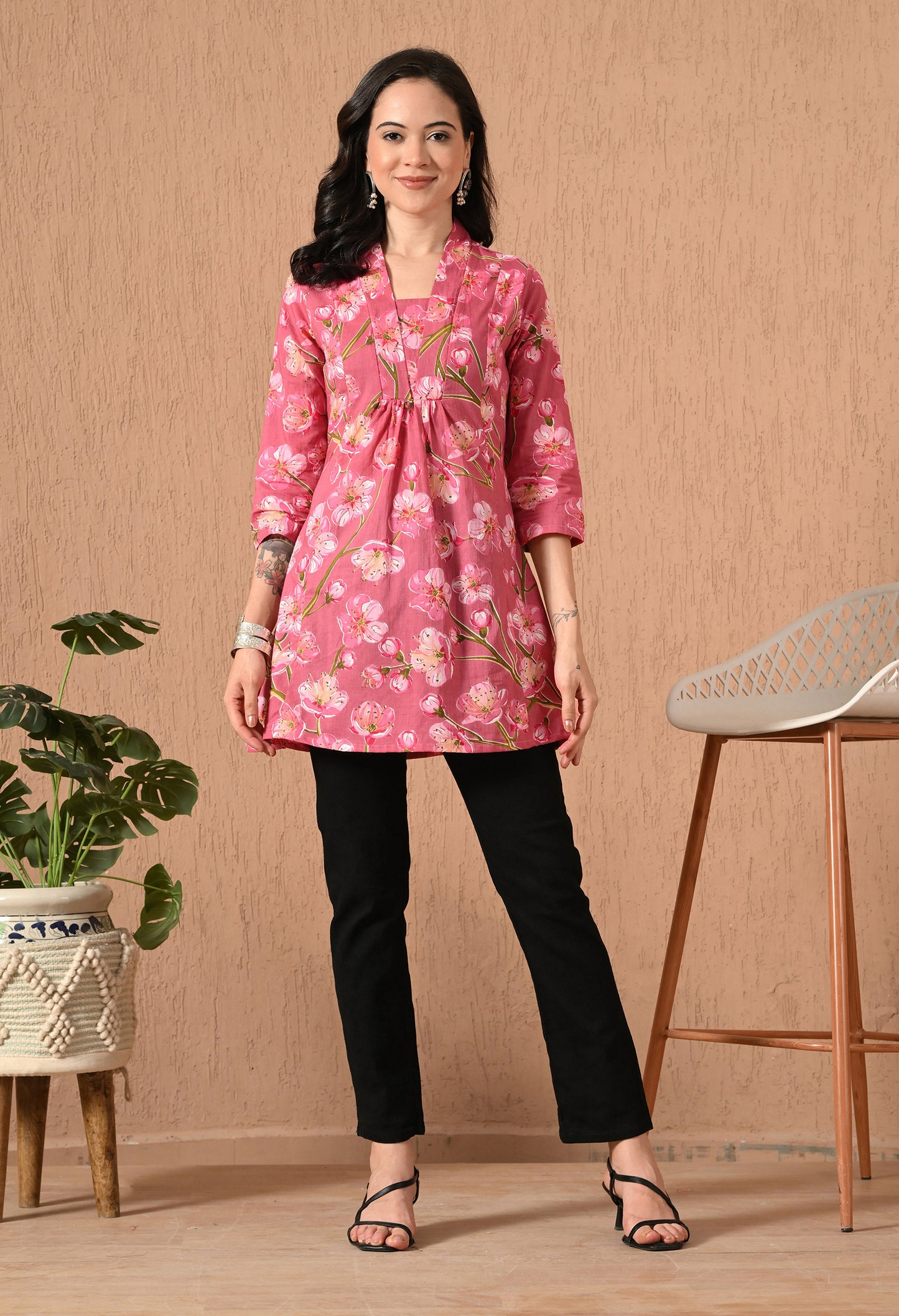 Floral Printed V-Neck Pure Cotton Kurti