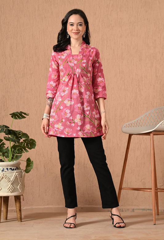 Floral Printed V-Neck Pure Cotton Kurti
