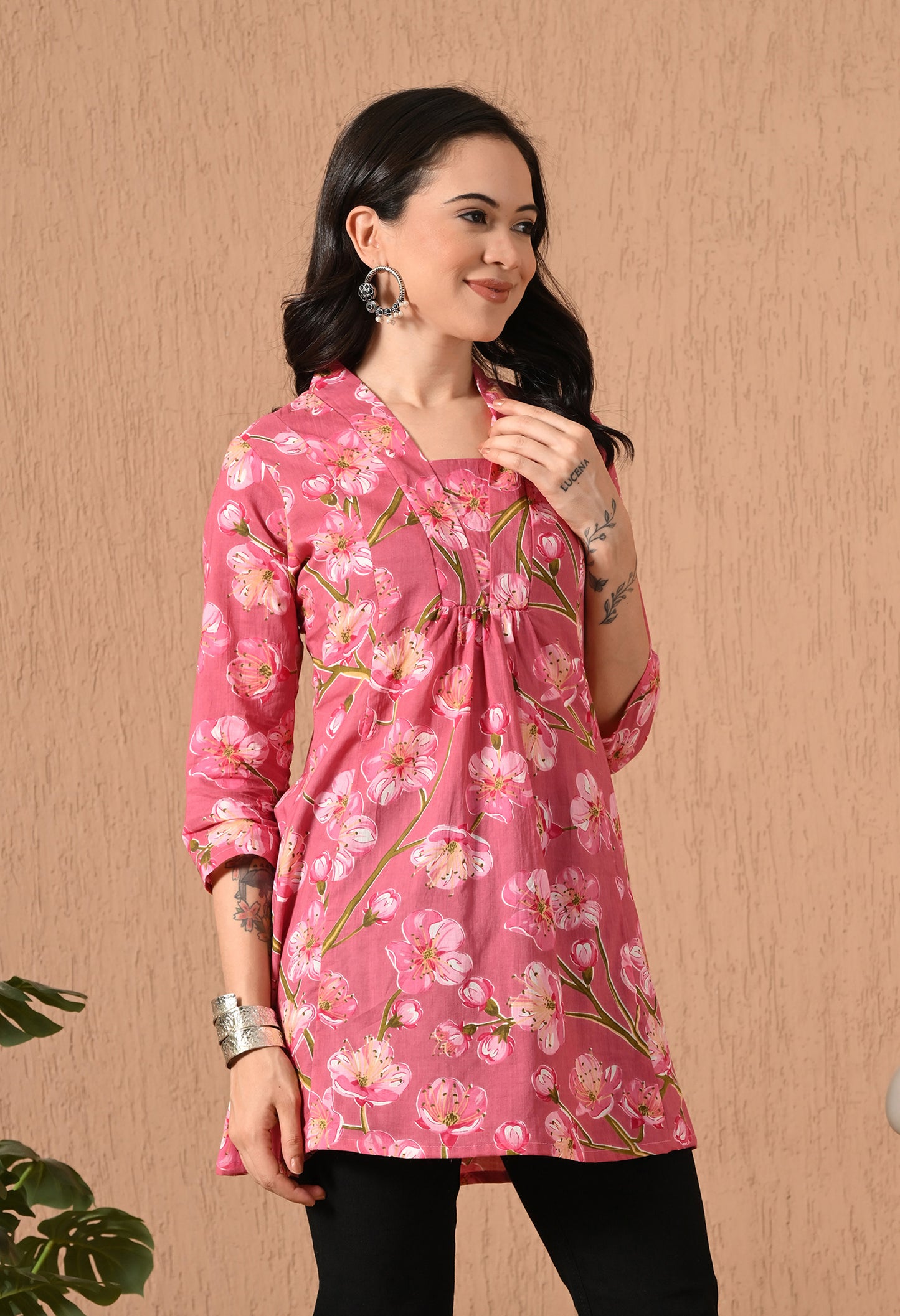 Floral Printed V-Neck Pure Cotton Kurti