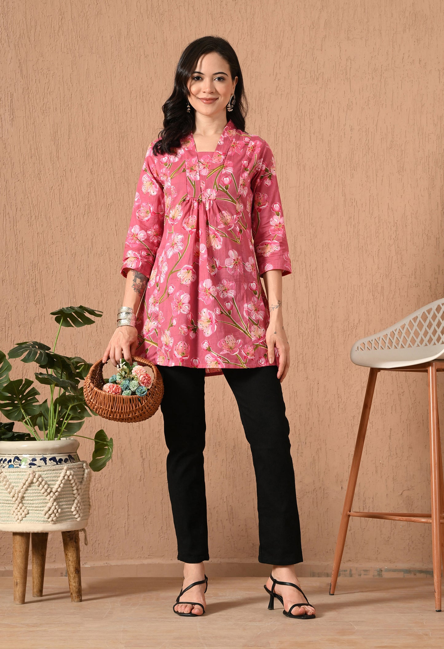 Floral Printed V-Neck Pure Cotton Kurti