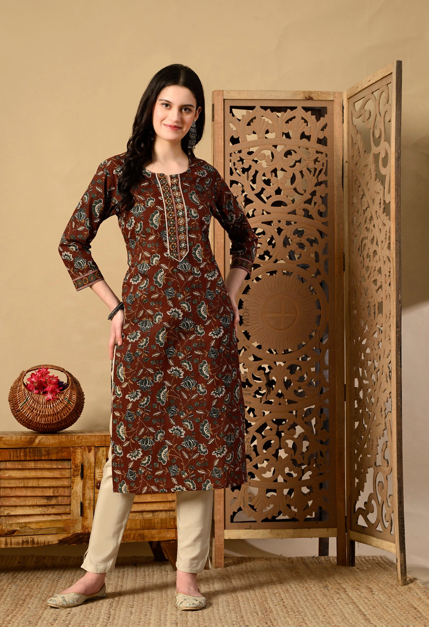 Floral Printed Zari Cotton Kurta