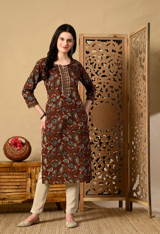 Floral Printed Zari Cotton Kurta