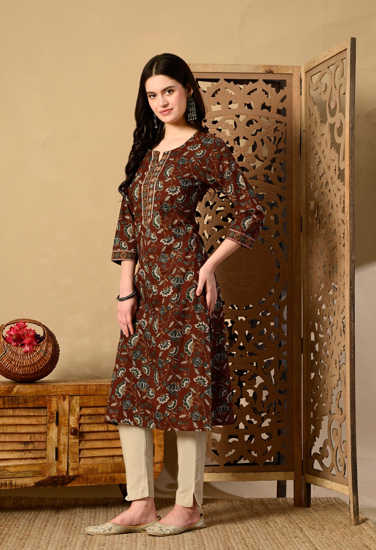 Floral Printed Zari Cotton Kurta