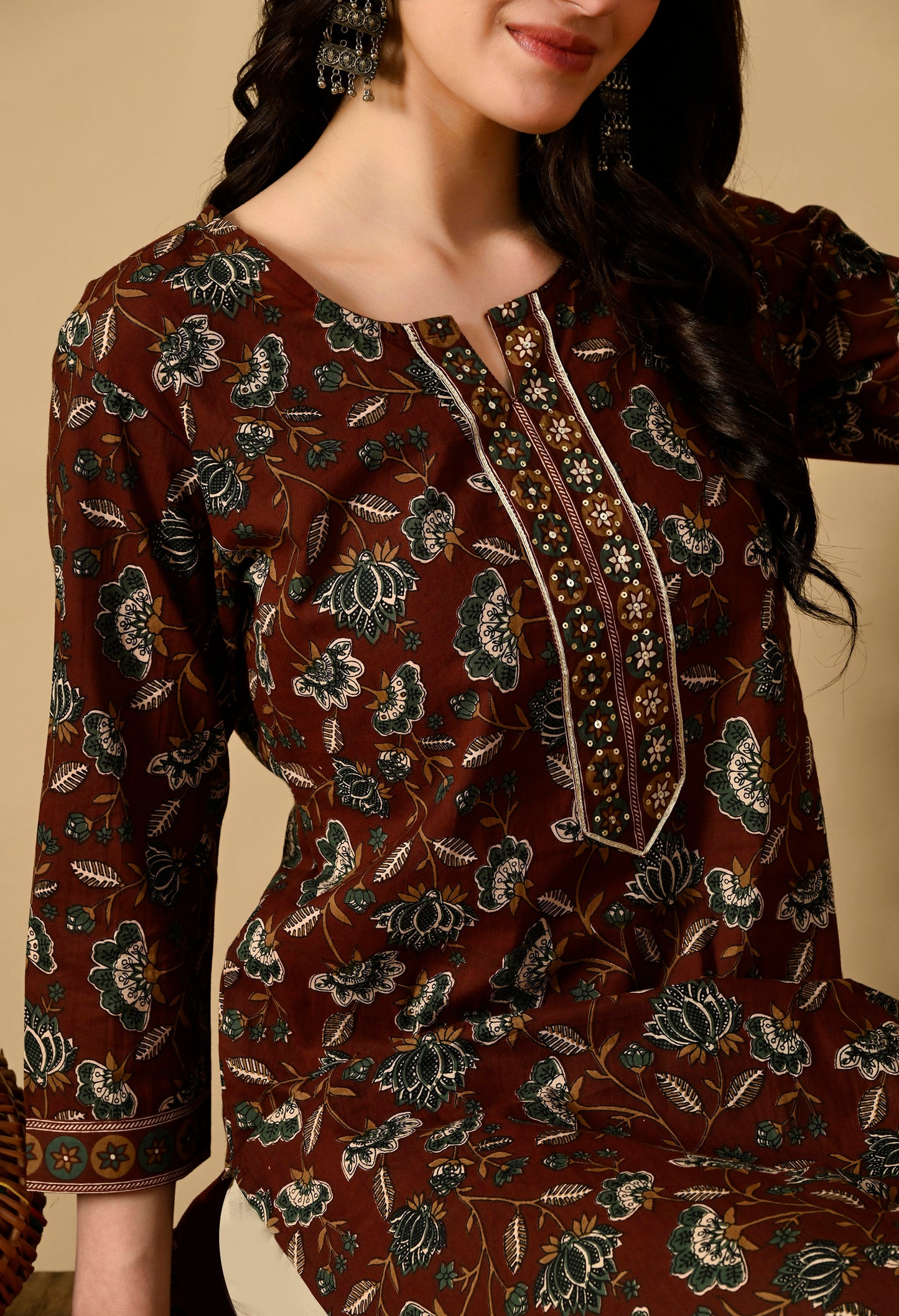 Floral Printed Zari Cotton Kurta