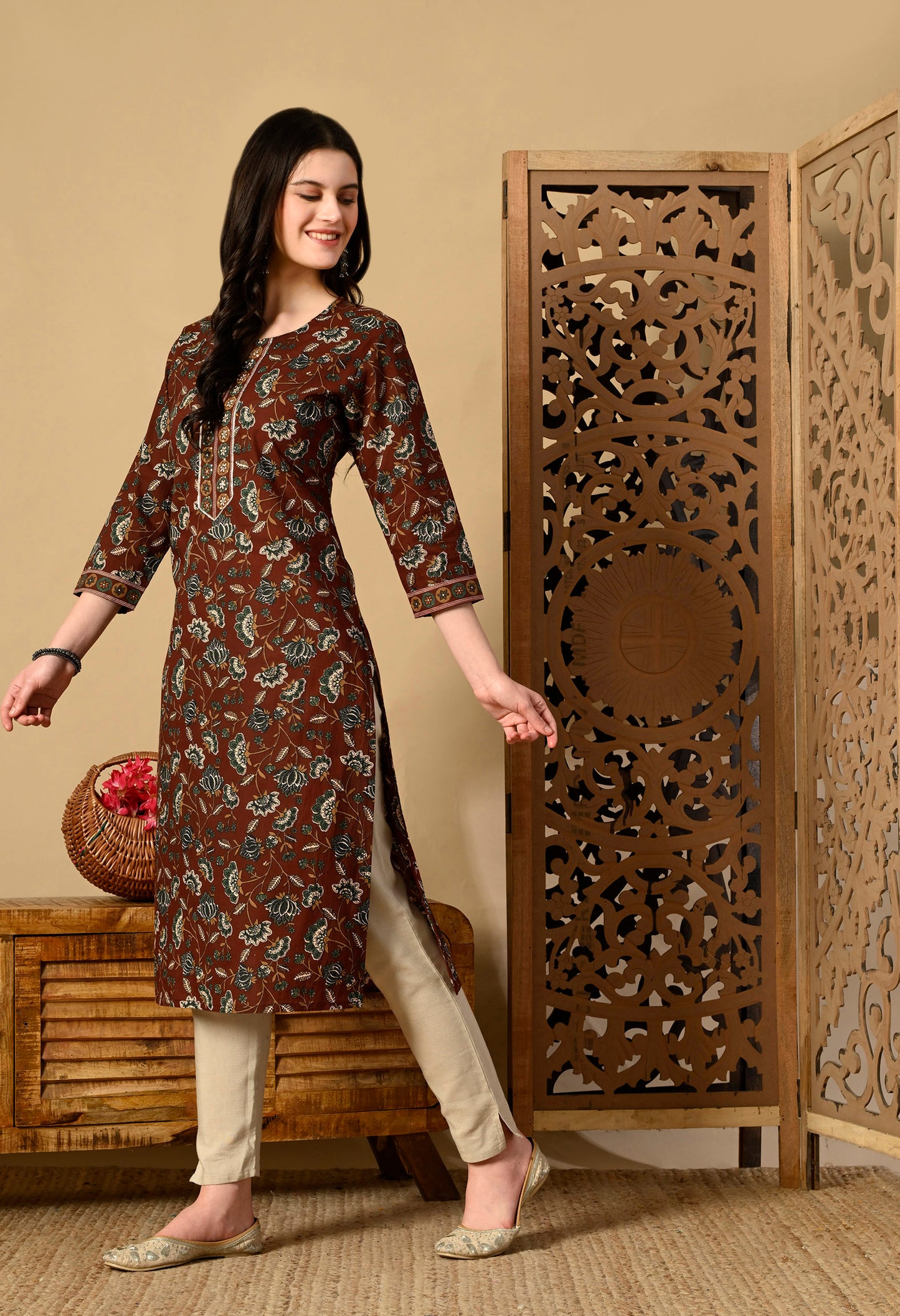 Floral Printed Zari Cotton Kurta