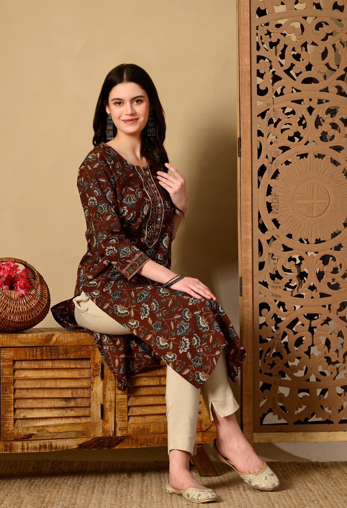 Floral Printed Zari Cotton Kurta