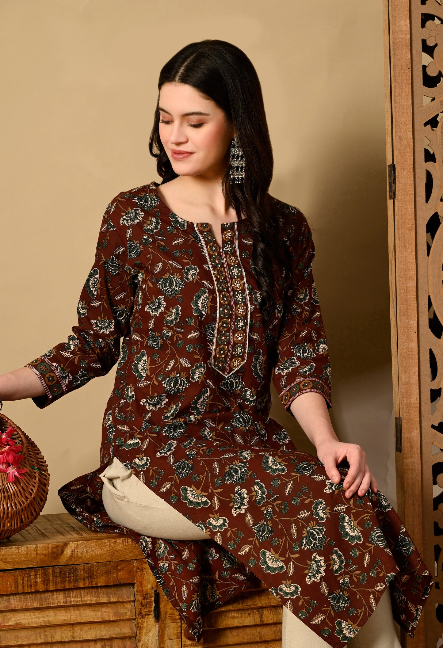 Floral Printed Zari Cotton Kurta