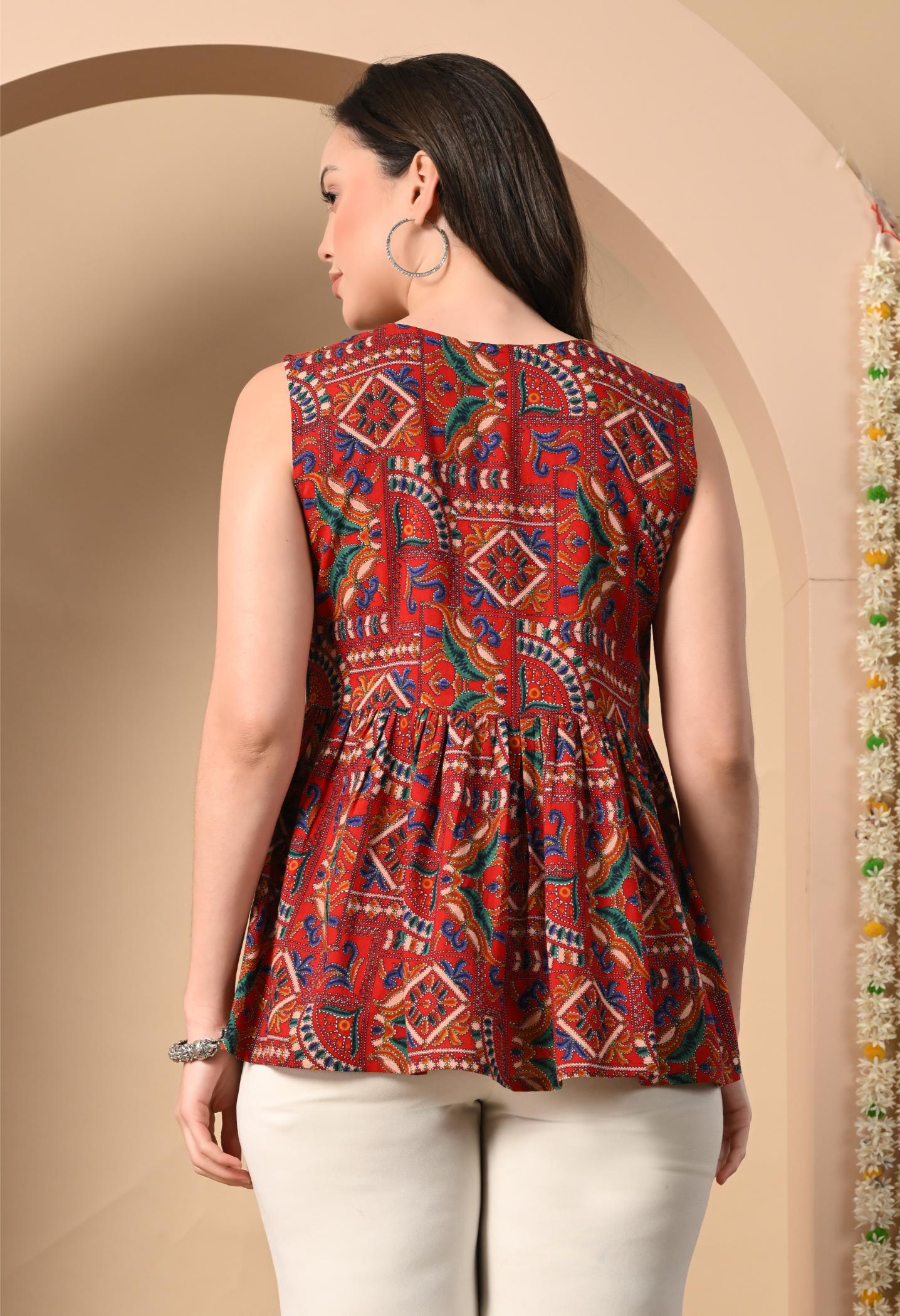 Ethnic motif Print Sleeveless Peplum Kurti