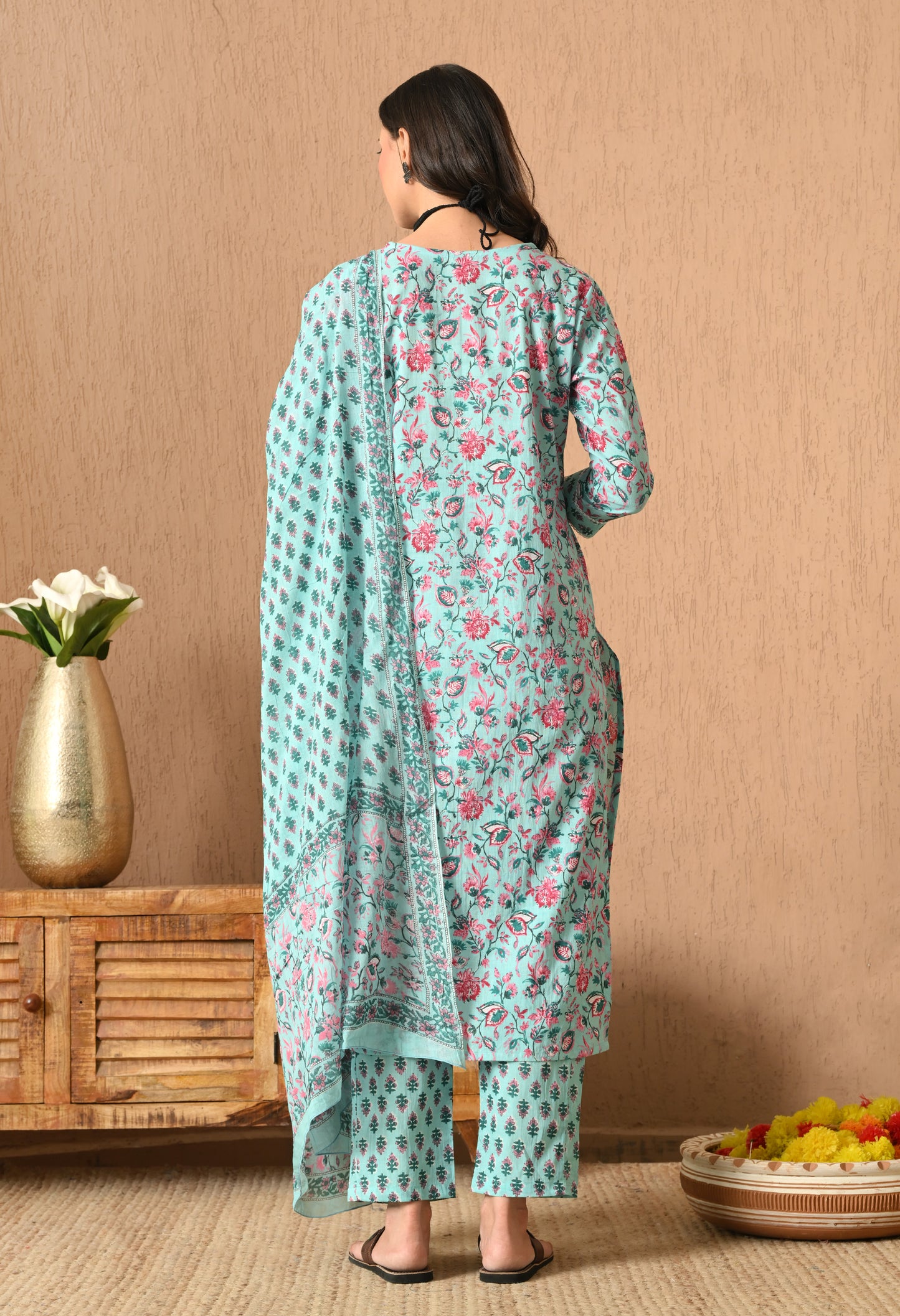 Floral Printed Cotton Kurta Set With Dupatta