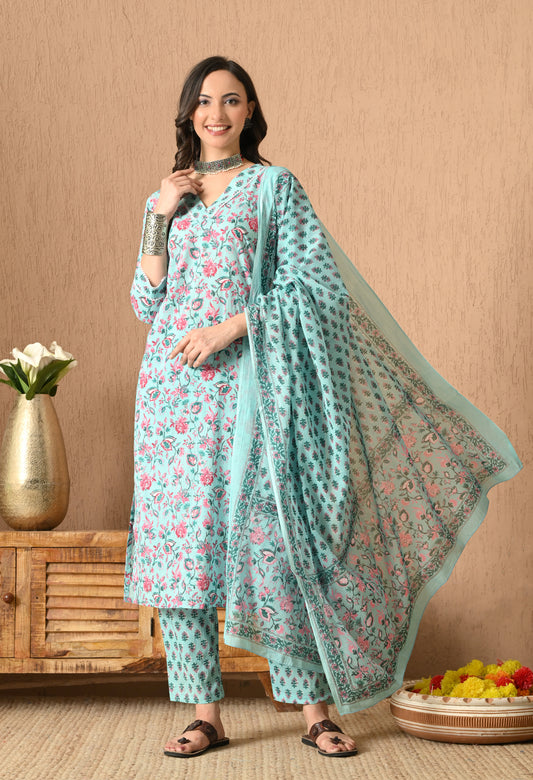Floral Printed Cotton Kurta Set With Dupatta
