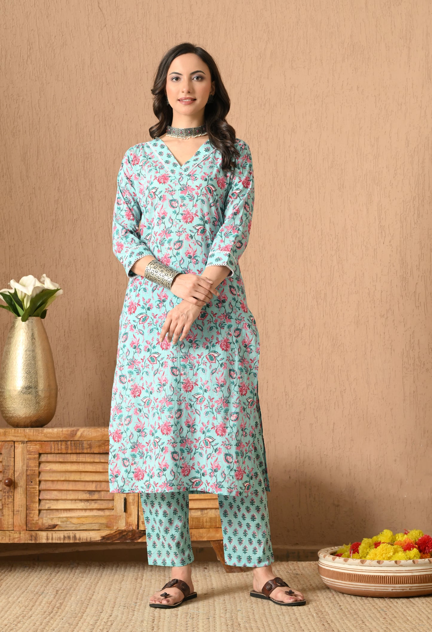 Floral Printed Cotton Kurta Set With Dupatta