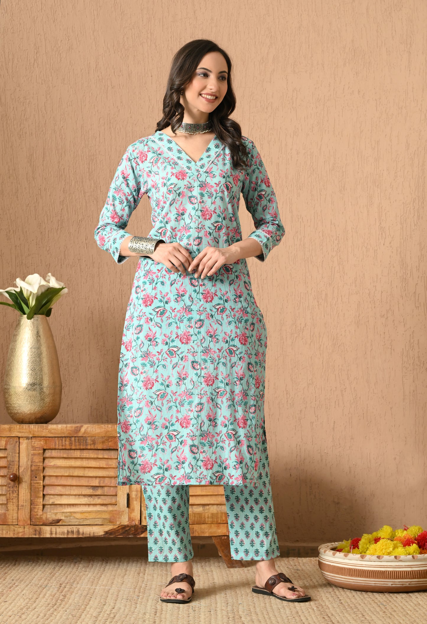 Floral Printed Cotton Kurta Set With Dupatta