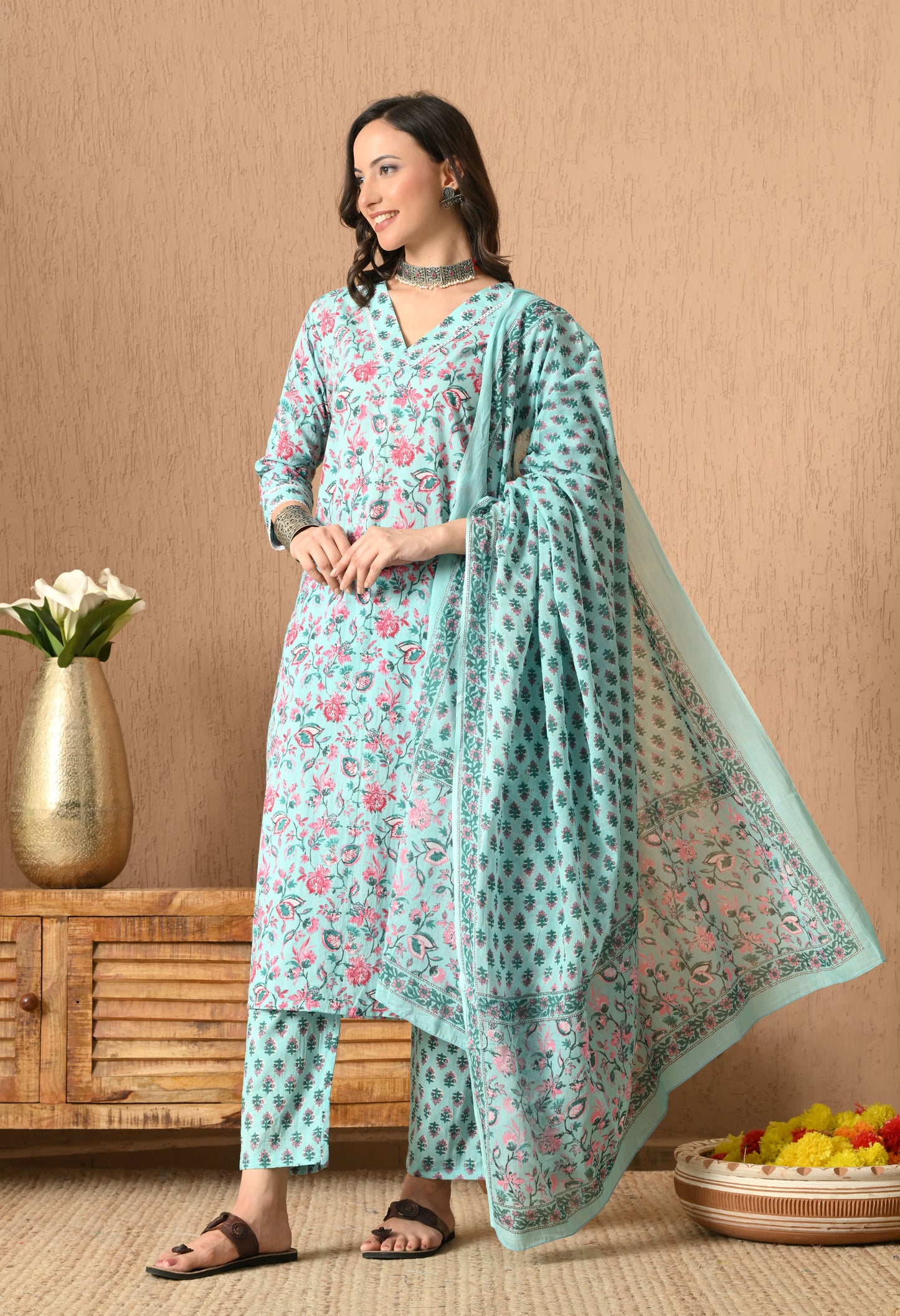 Floral Printed Cotton Kurta Set With Dupatta