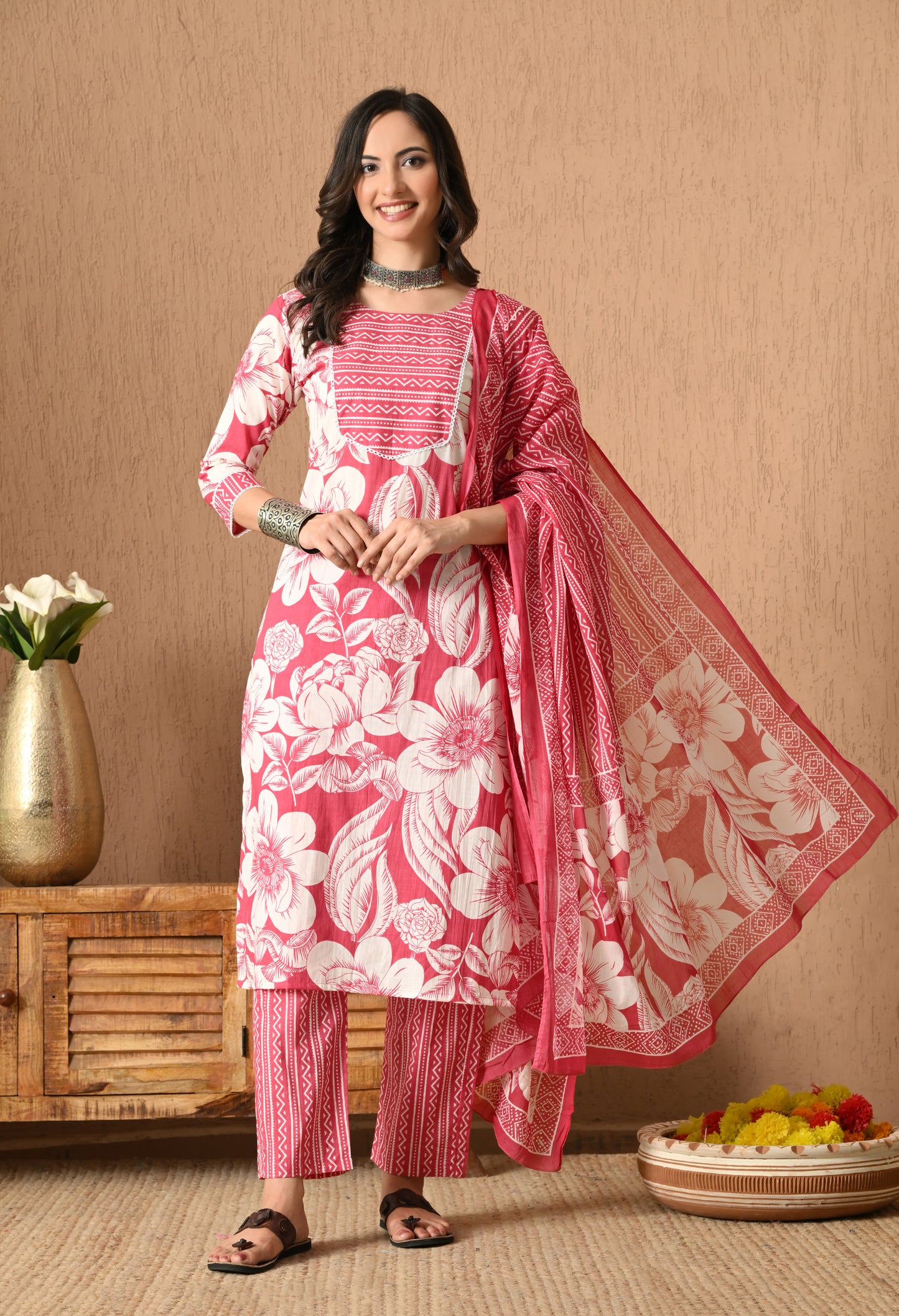 Floral Printed Round Neck Pure Cotton Straight Kurta Set With Dupatta