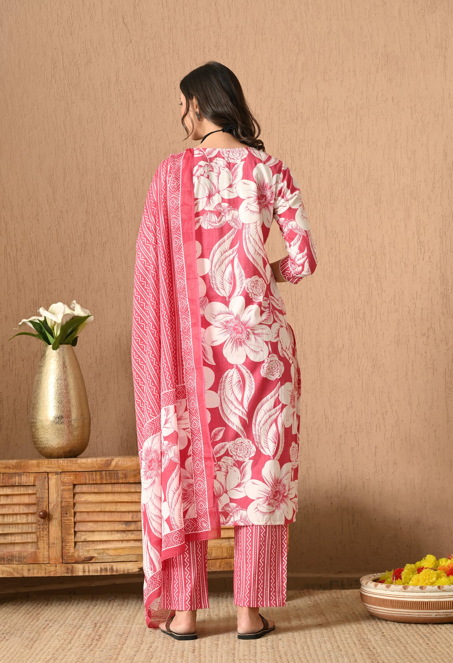 Floral Printed Round Neck Pure Cotton Straight Kurta Set With Dupatta