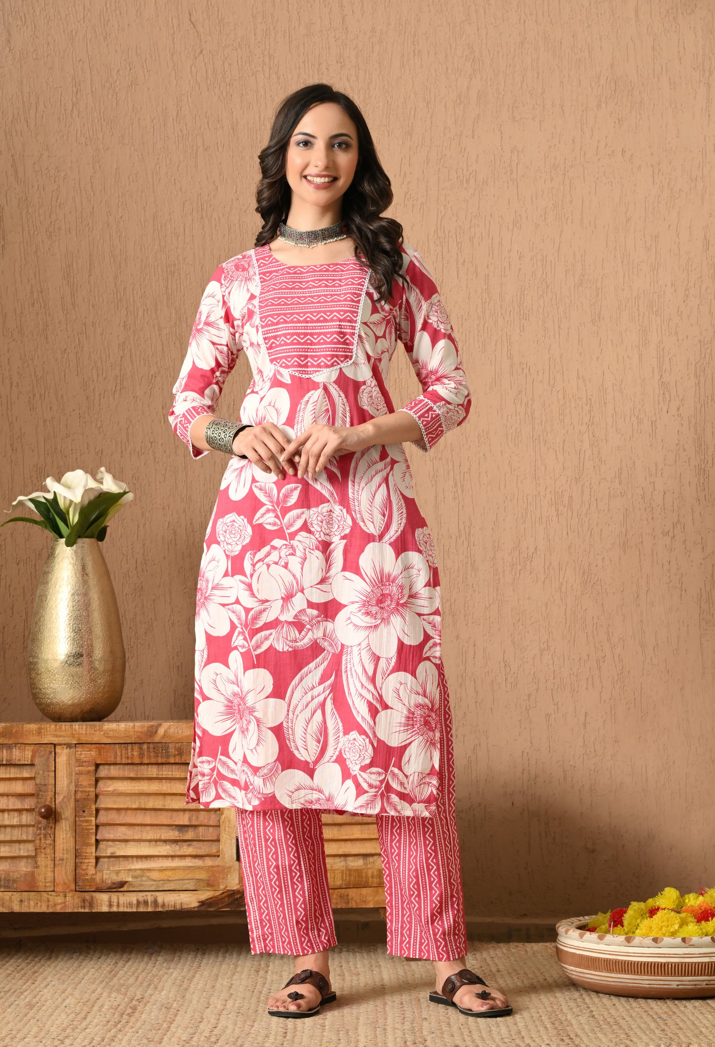 Floral Printed Round Neck Pure Cotton Straight Kurta Set With Dupatta