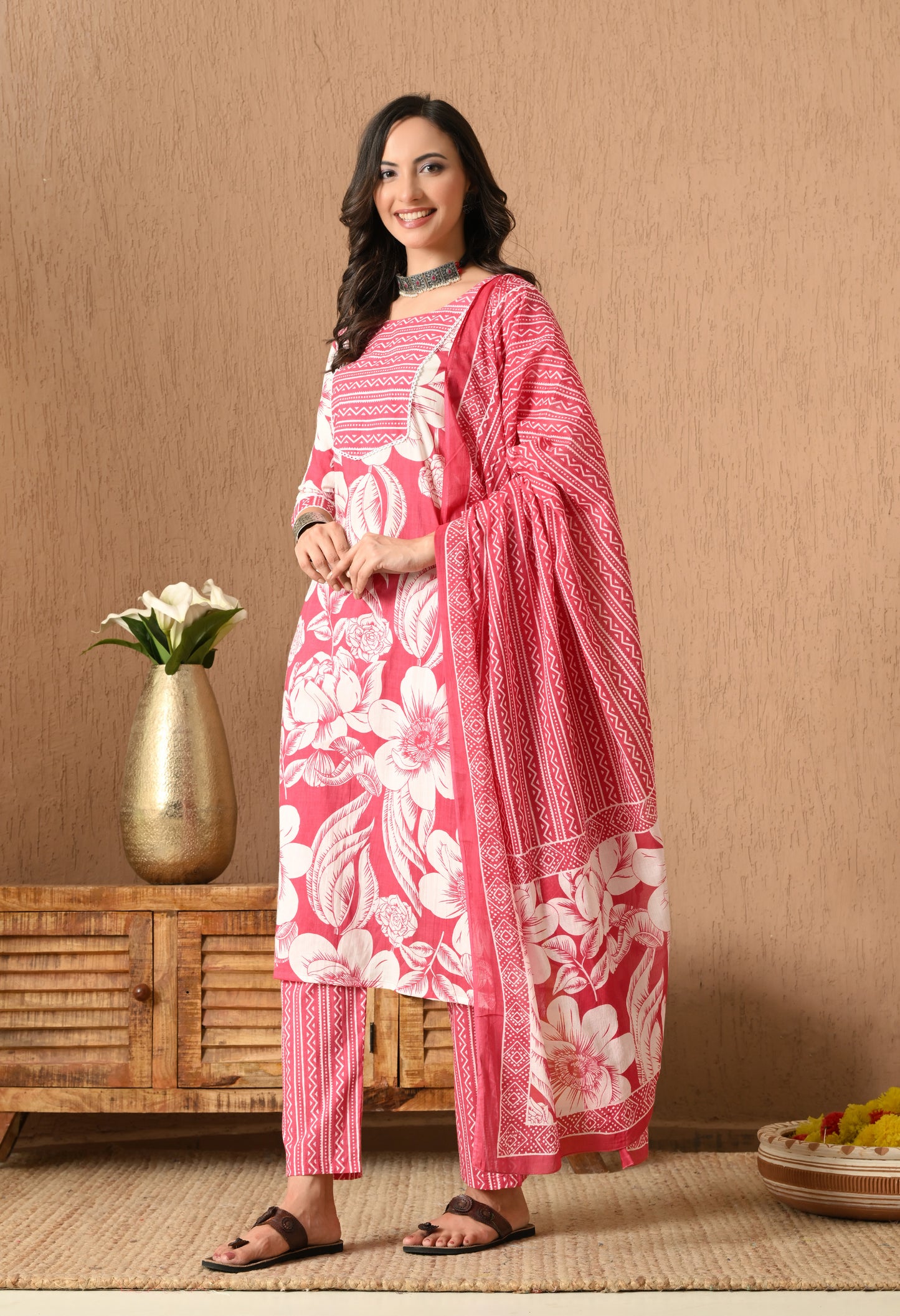 Floral Printed Round Neck Pure Cotton Straight Kurta Set With Dupatta