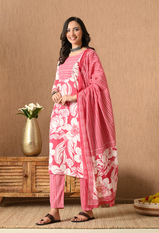 Floral Printed Round Neck Pure Cotton Straight Kurta Set With Dupatta