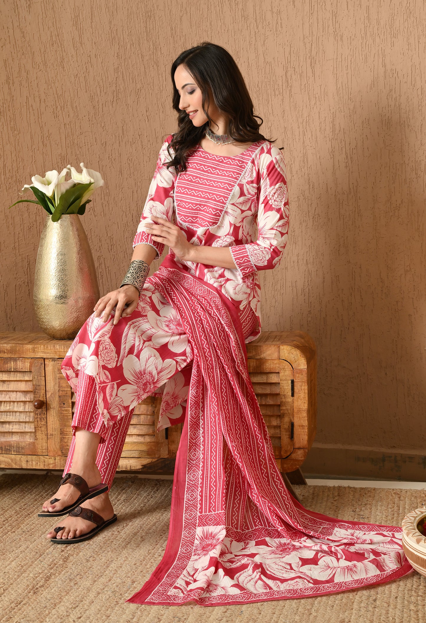 Floral Printed Round Neck Pure Cotton Straight Kurta Set With Dupatta