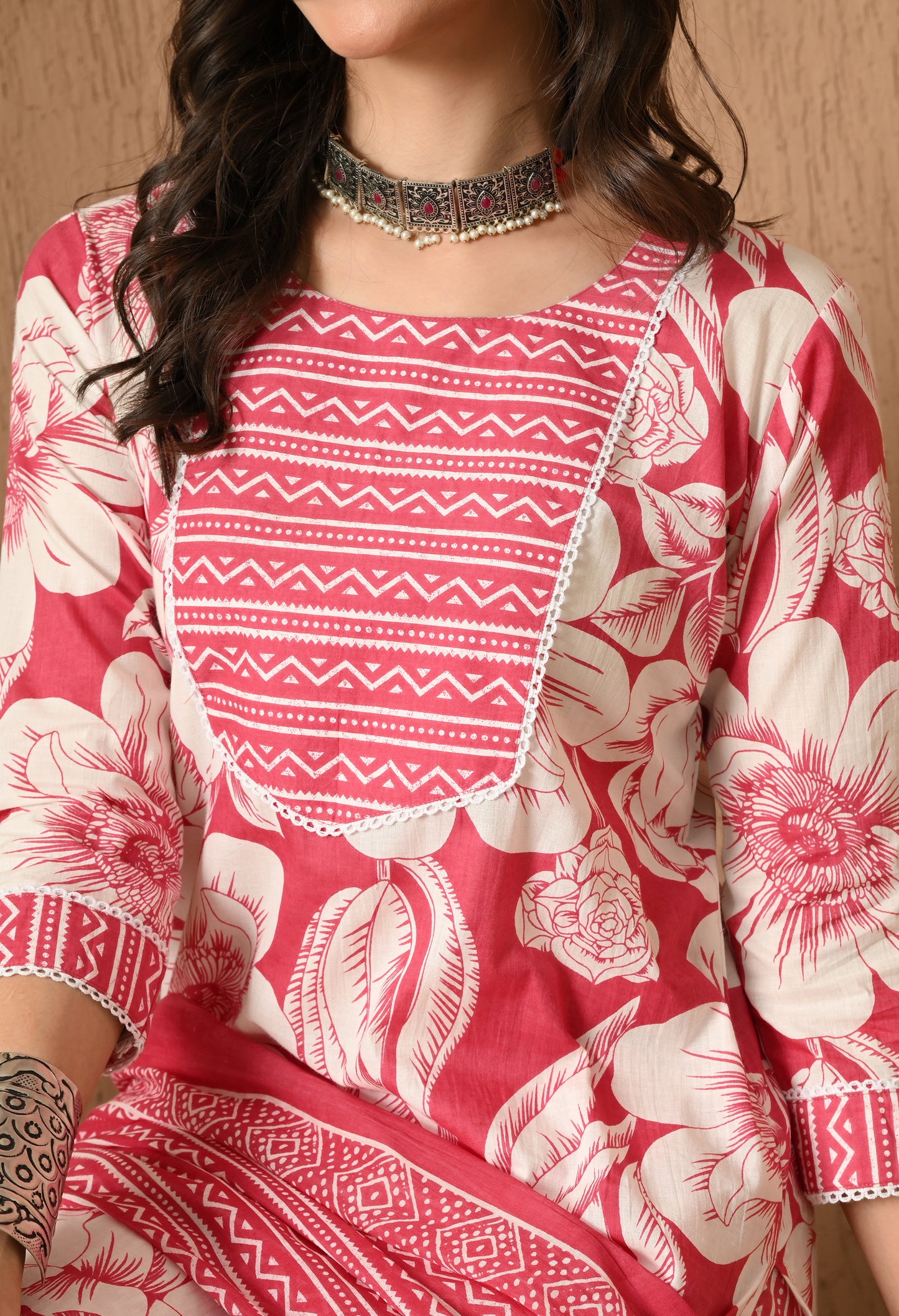 Floral Printed Round Neck Pure Cotton Straight Kurta Set With Dupatta