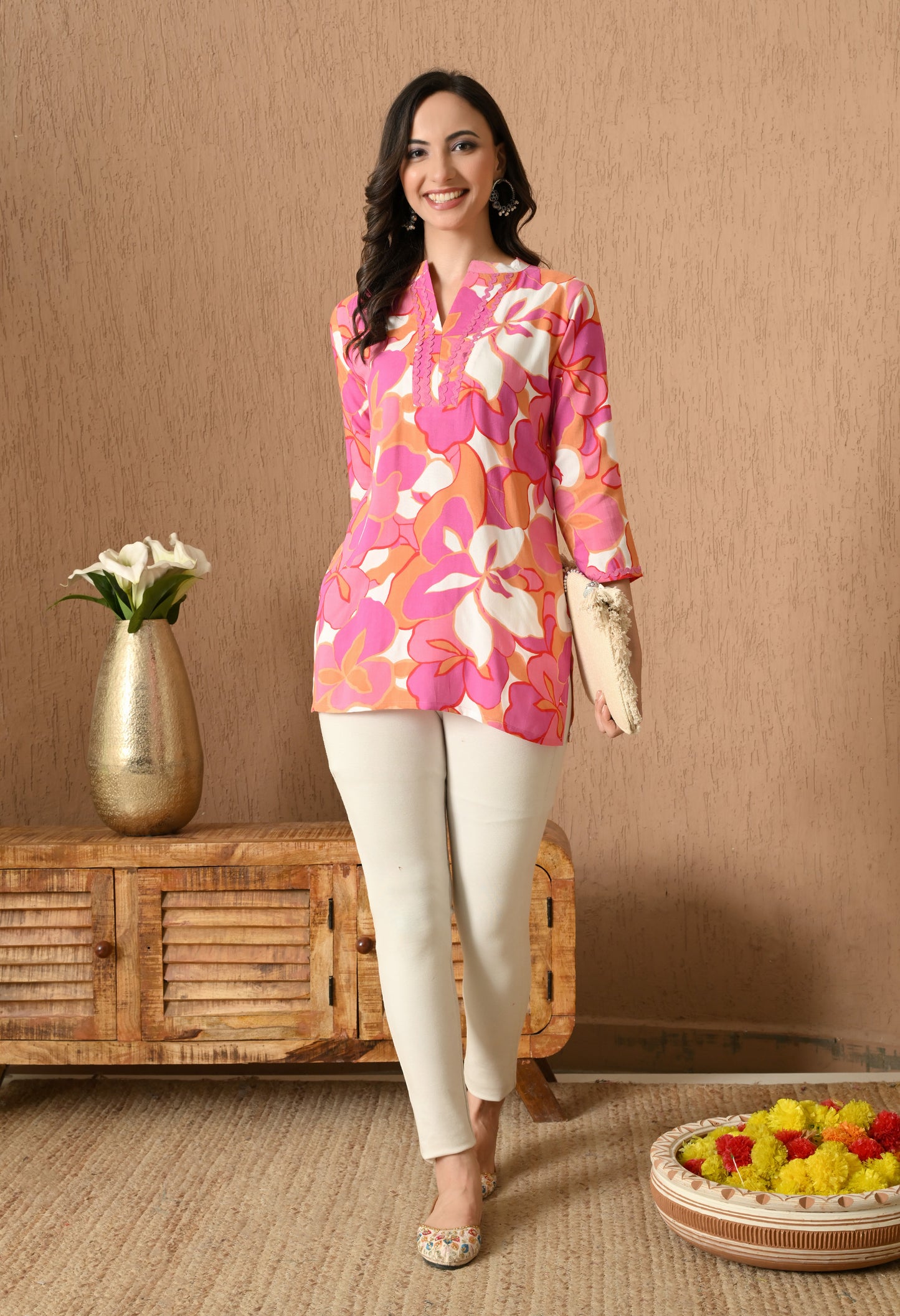 V-Neck Floral Printed Kurti