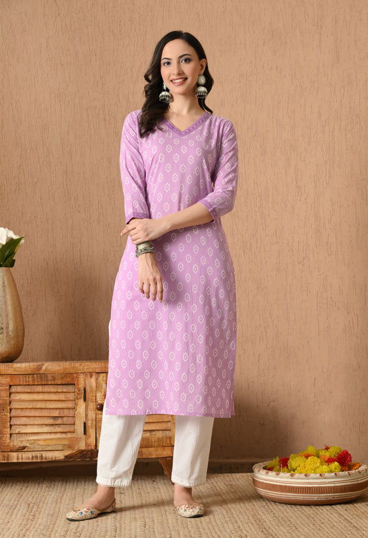 Floral Printed V-Neck Straight Kurta