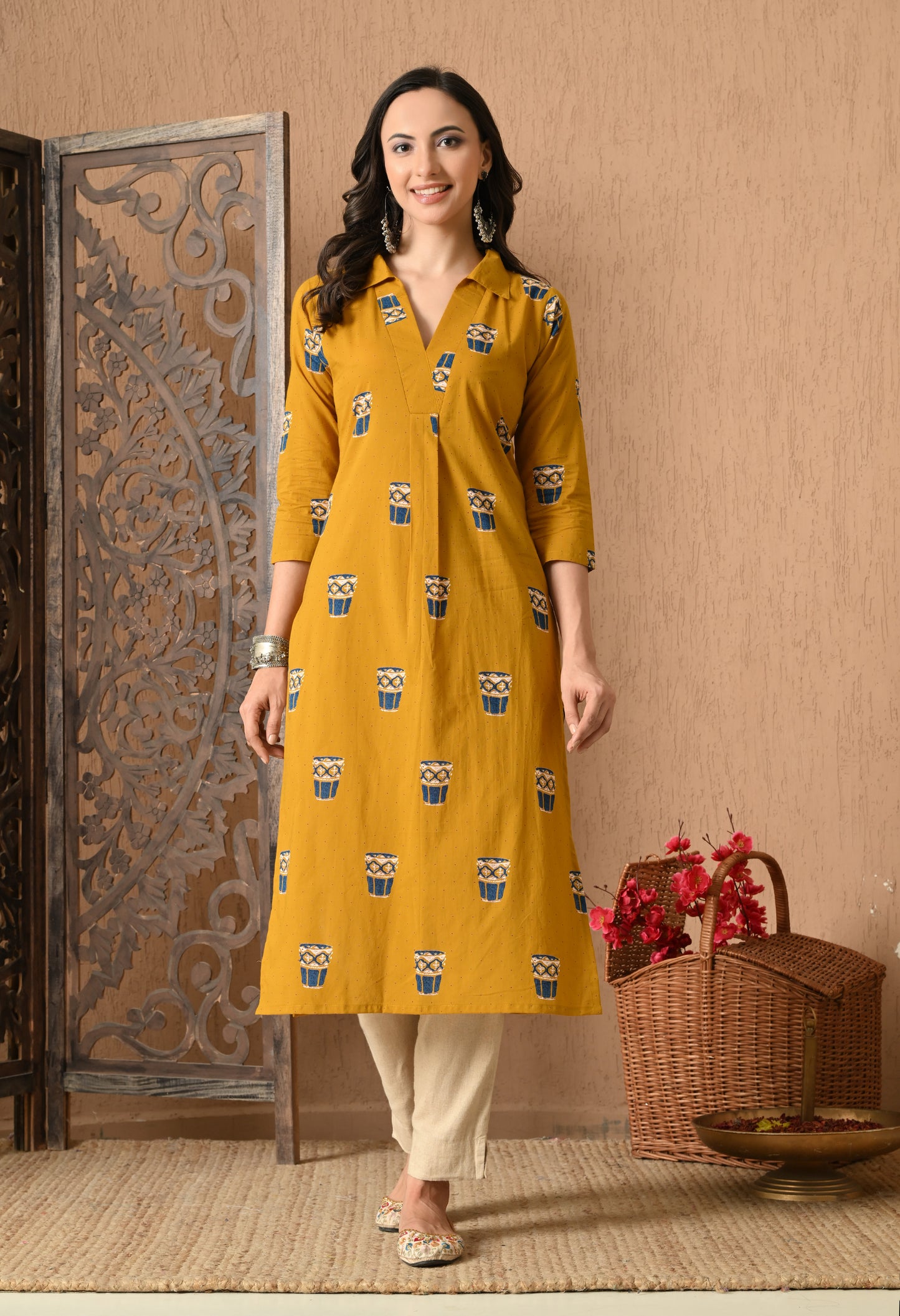 Ethnic Motifs Printed Festive Cotton Straight Kurta