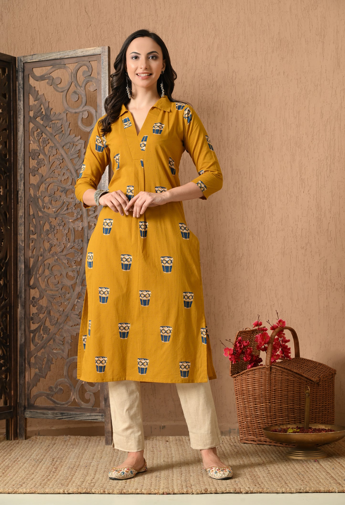Ethnic Motifs Printed Festive Cotton Straight Kurta