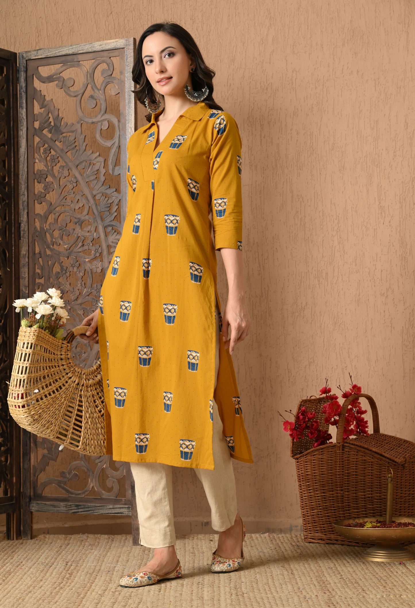 Ethnic Motifs Printed Festive Cotton Straight Kurta