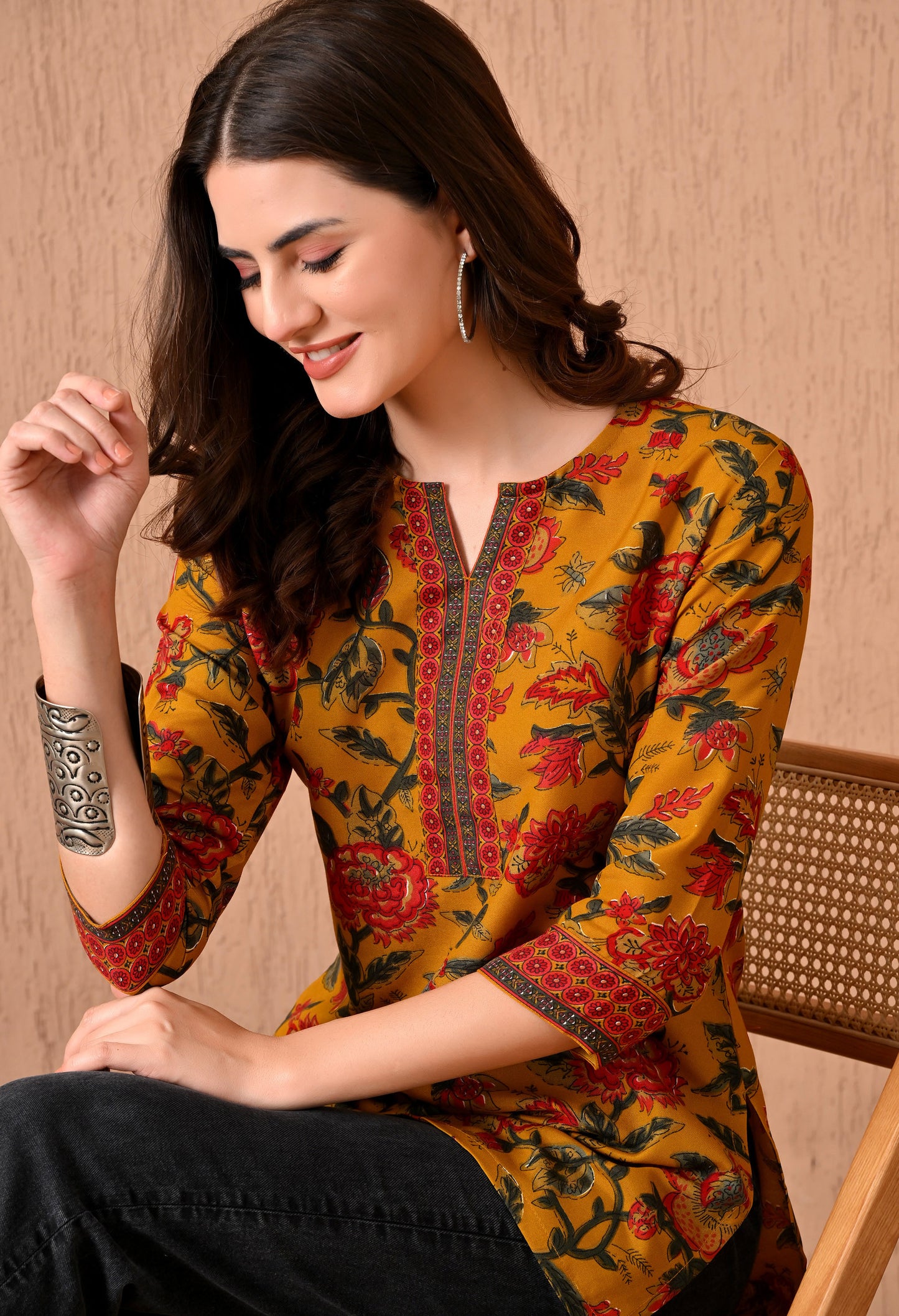 V-Neck Floral Printed Kurti