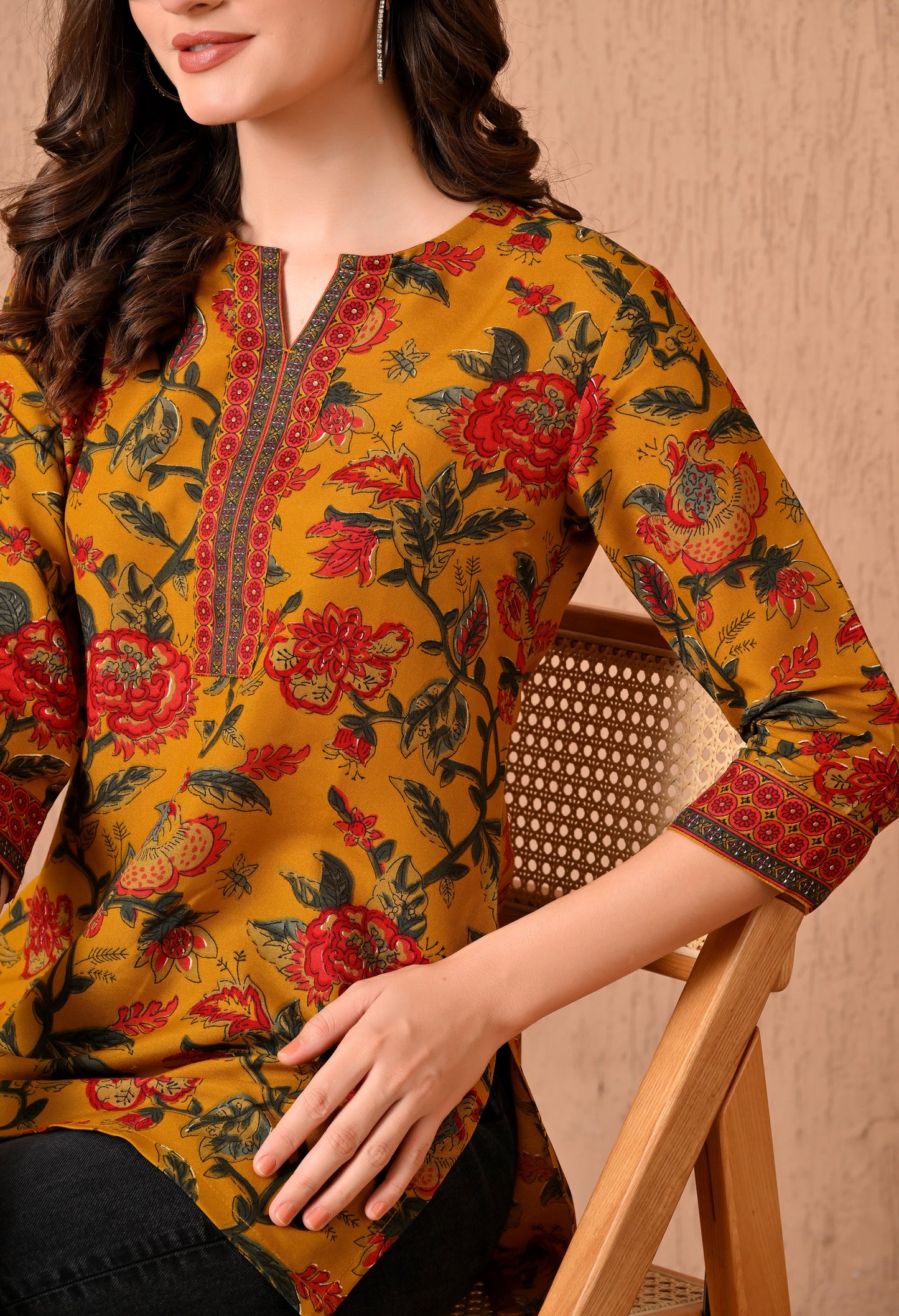 V-Neck Floral Printed Kurti