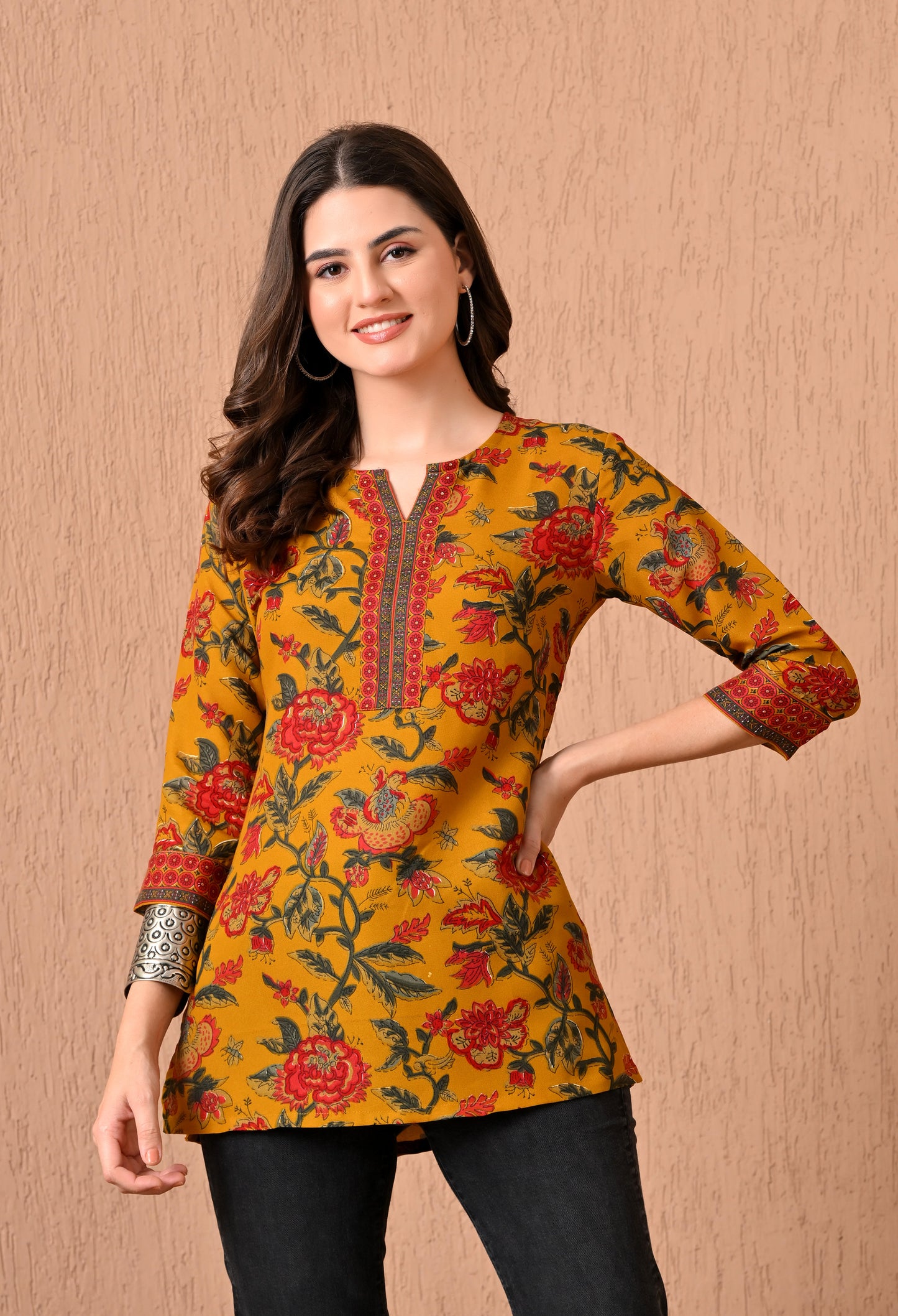 V-Neck Floral Printed Kurti
